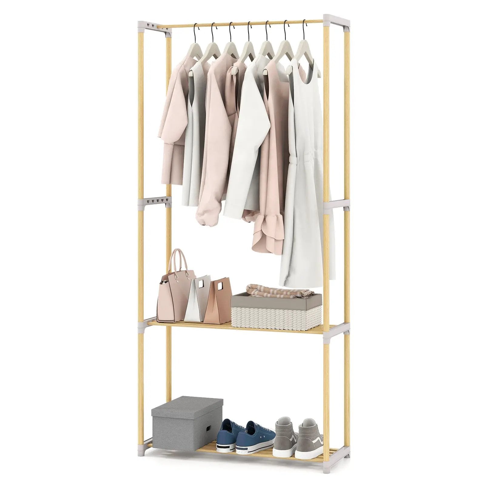 Pine Wood Clothes Rack with 2-Tier Open Storage Shelf for Hanging Clothes-Gray by DirectDeals
