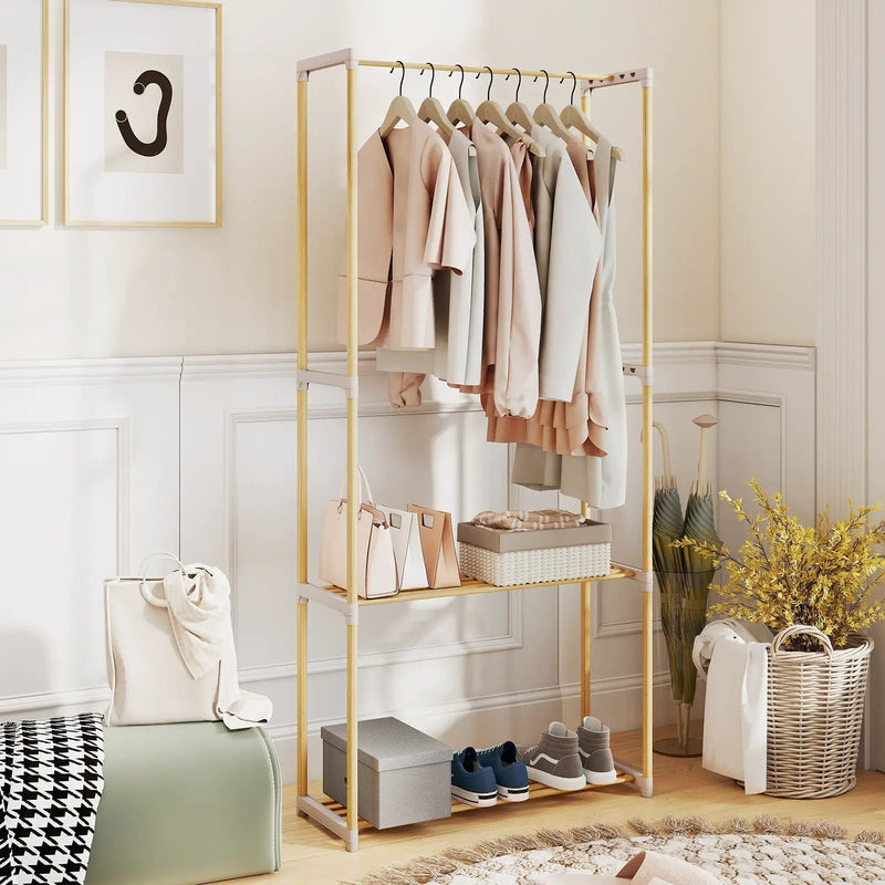 Pine Wood Clothes Rack with 2-Tier Open Storage Shelf for Hanging Clothes-Gray by DirectDeals