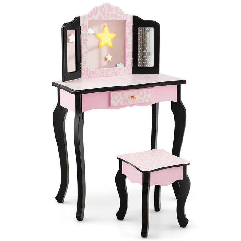 Kid Vanity Set with Tri-Folding Mirror and Leopard Print-Pink by DirectDeals