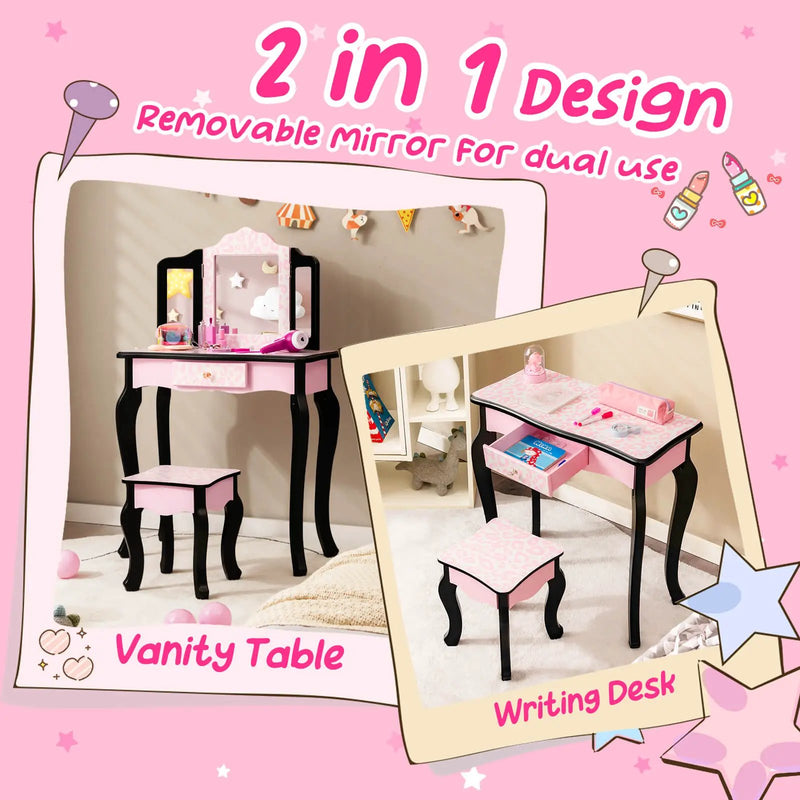 Kid Vanity Set with Tri-Folding Mirror and Leopard Print-Pink by DirectDeals
