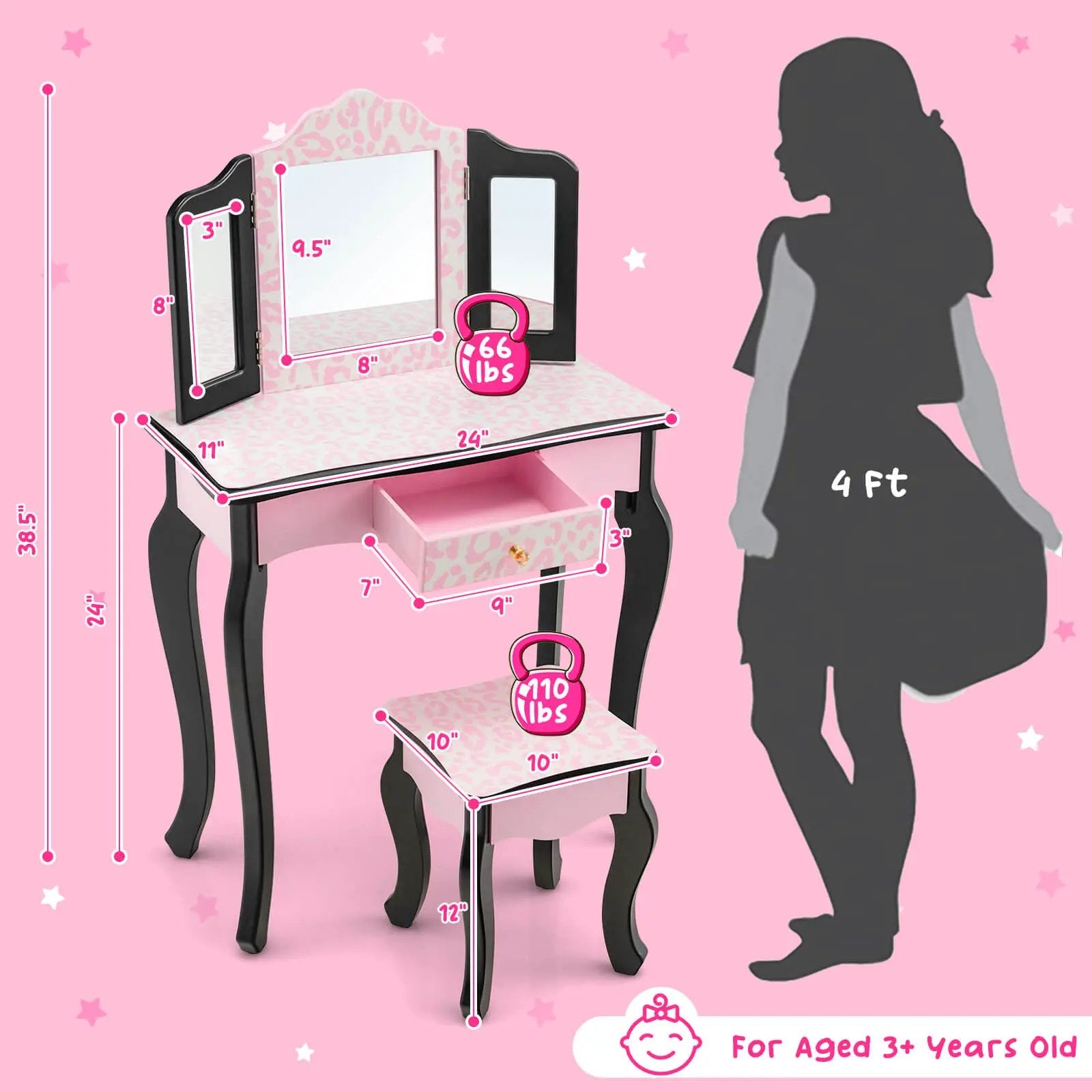 Kid Vanity Set with Tri-Folding Mirror and Leopard Print-Pink by DirectDeals