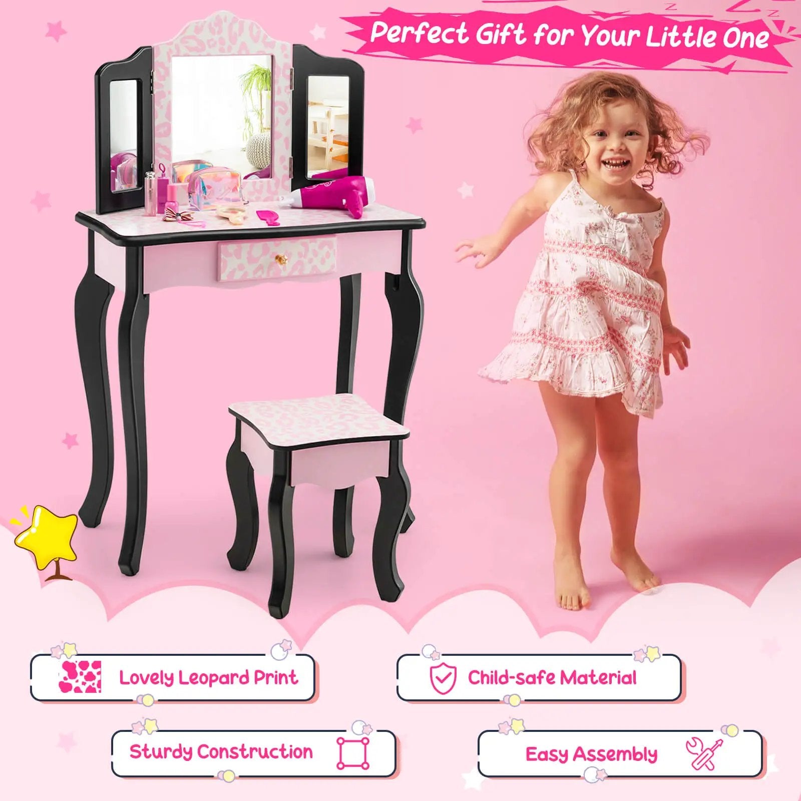 Kid Vanity Set with Tri-Folding Mirror and Leopard Print-Pink by DirectDeals