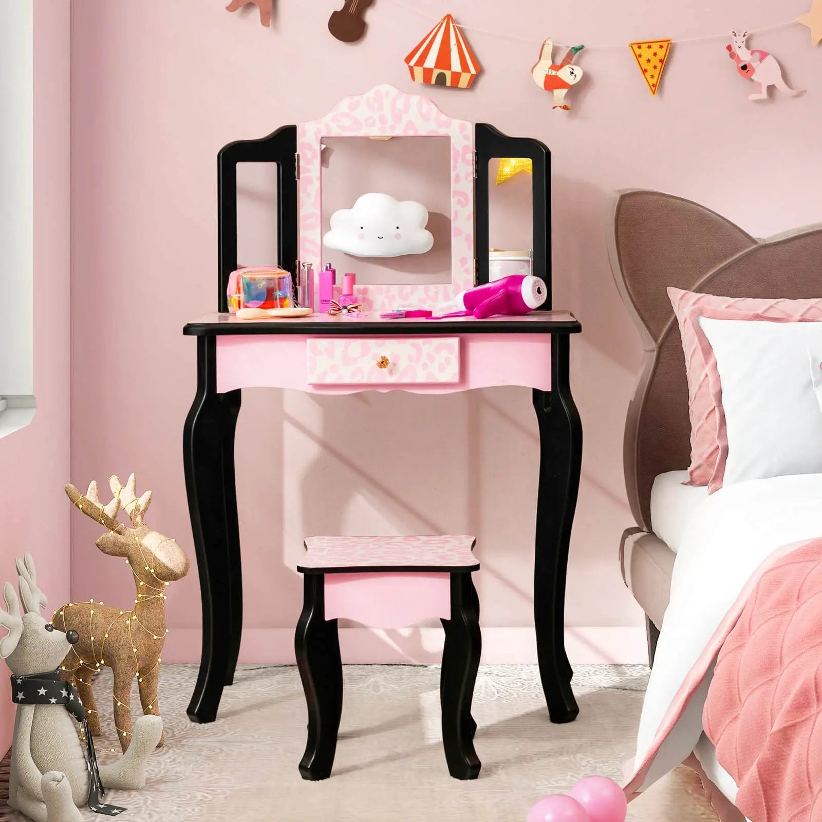 Kid Vanity Set with Tri-Folding Mirror and Leopard Print-Pink by DirectDeals