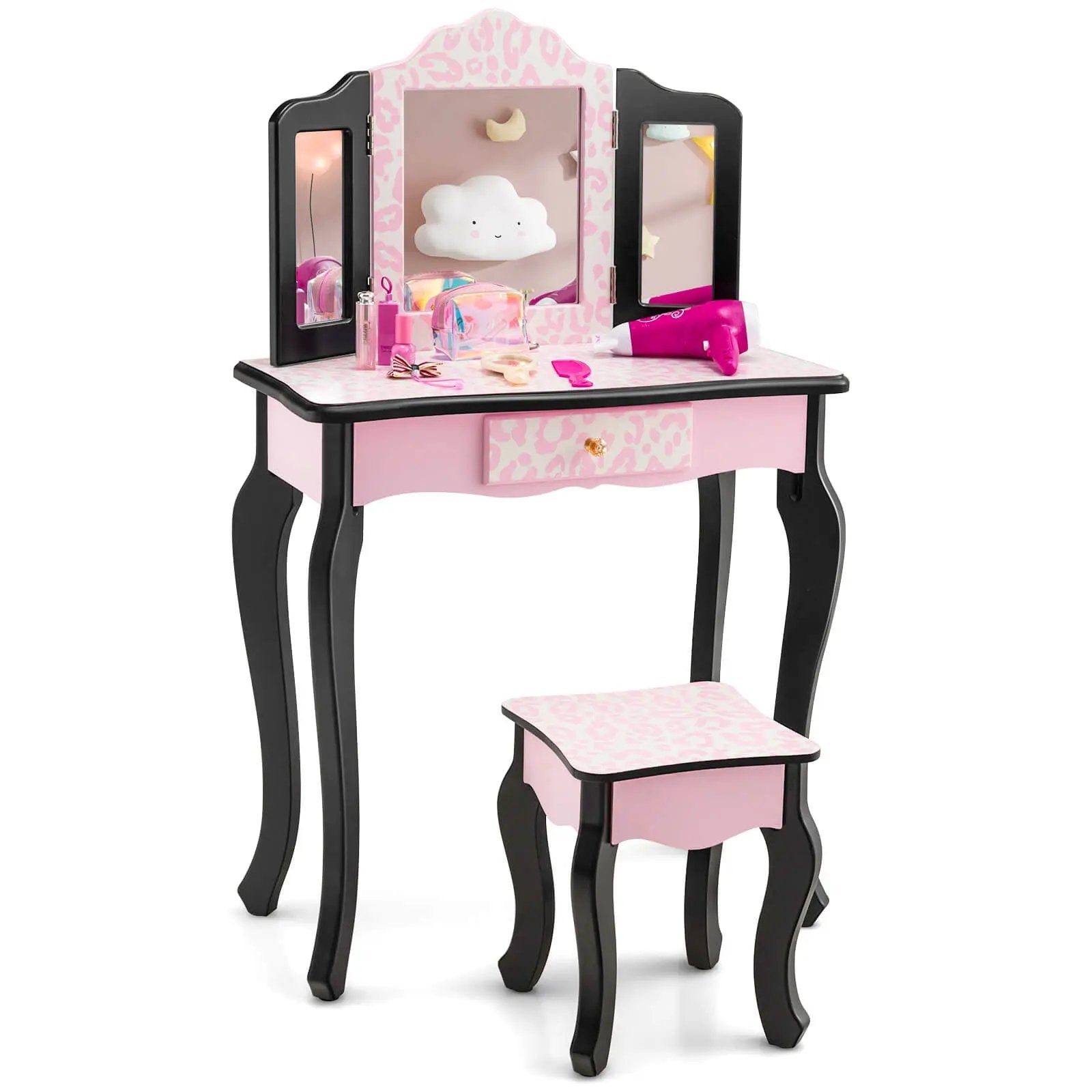 Kid Vanity Set with Tri-Folding Mirror and Leopard Print-Pink by DirectDeals