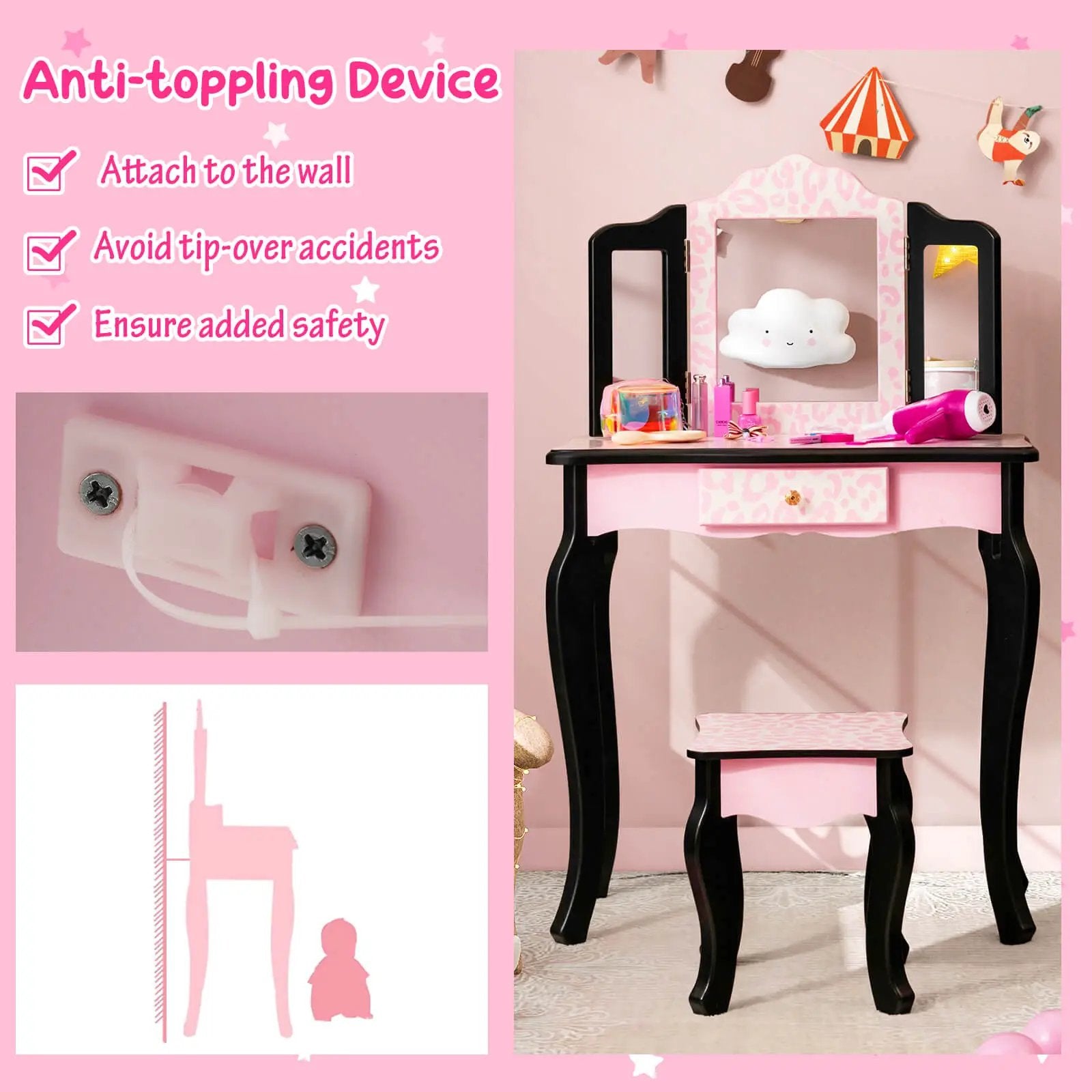 Kid Vanity Set with Tri-Folding Mirror and Leopard Print-Pink by DirectDeals