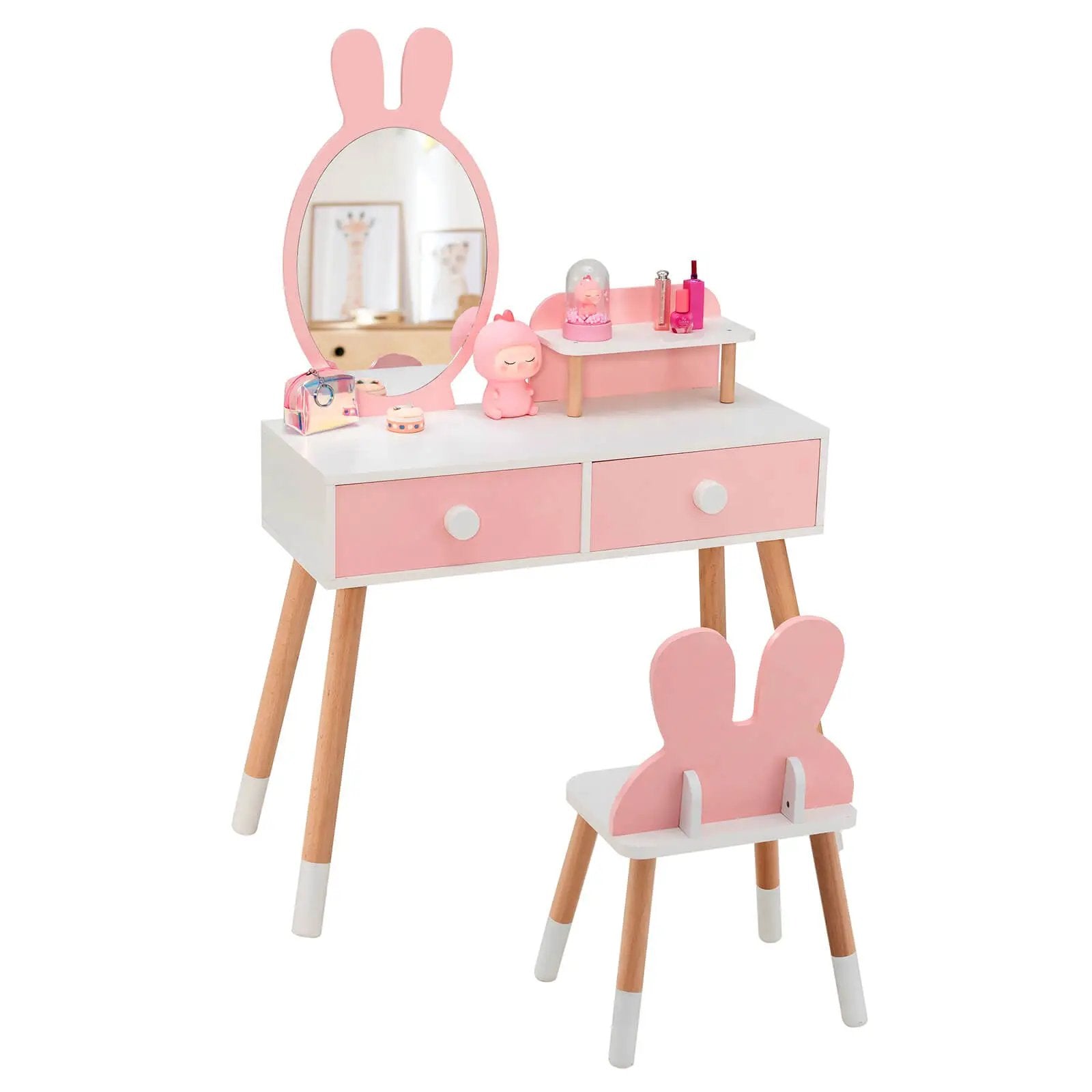 Kids Vanity Table and Chair Set with Drawer Shelf and Rabbit Mirror by DirectDeals