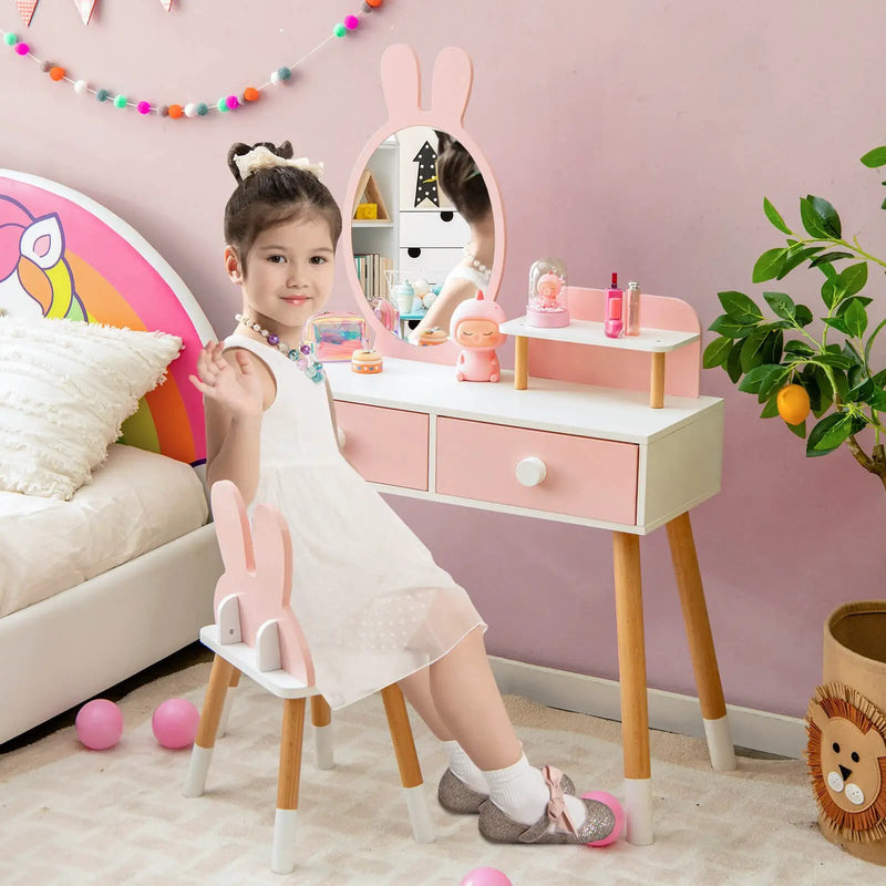 Kids Vanity Table and Chair Set with Drawer Shelf and Rabbit Mirror by DirectDeals