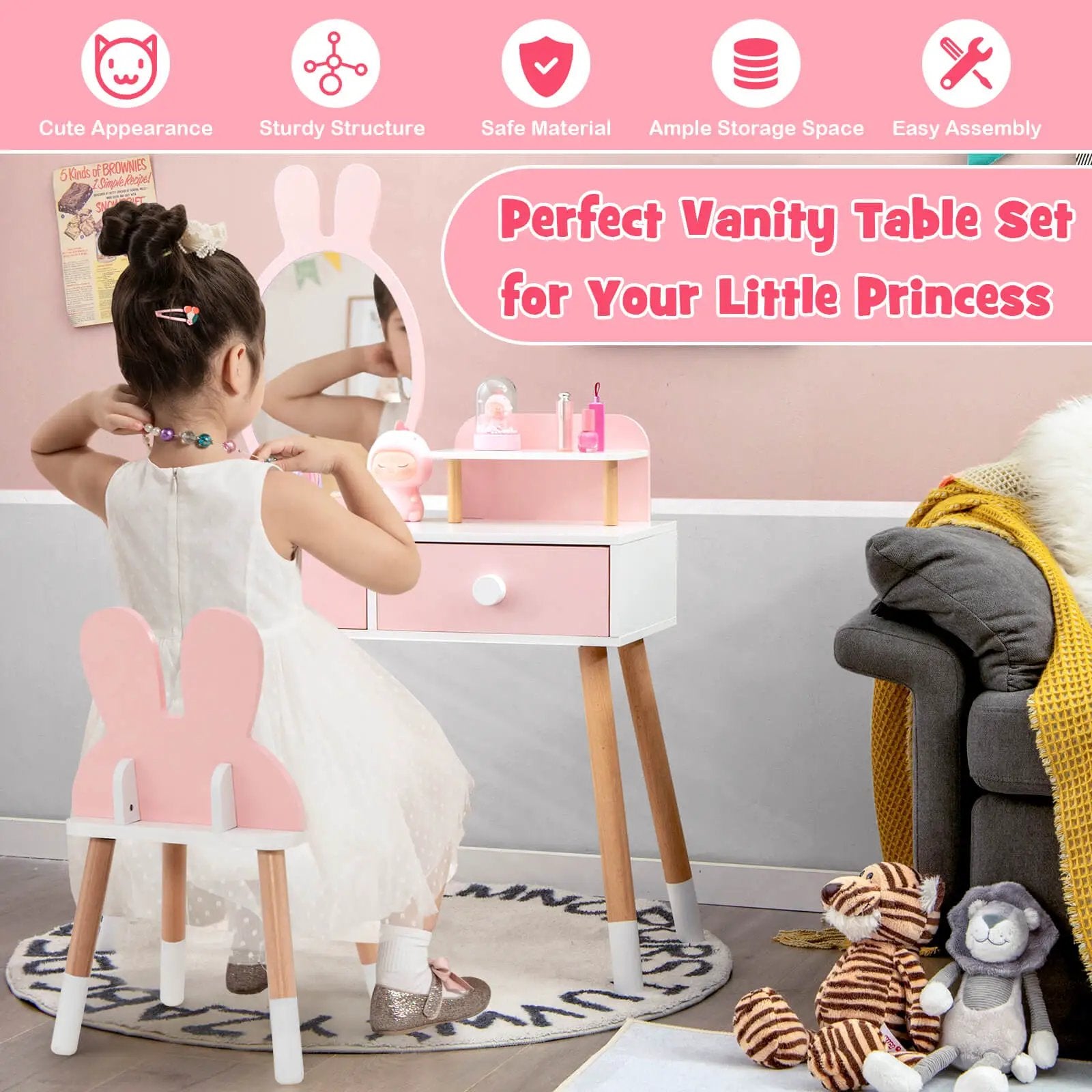 Kids Vanity Table and Chair Set with Drawer Shelf and Rabbit Mirror by DirectDeals