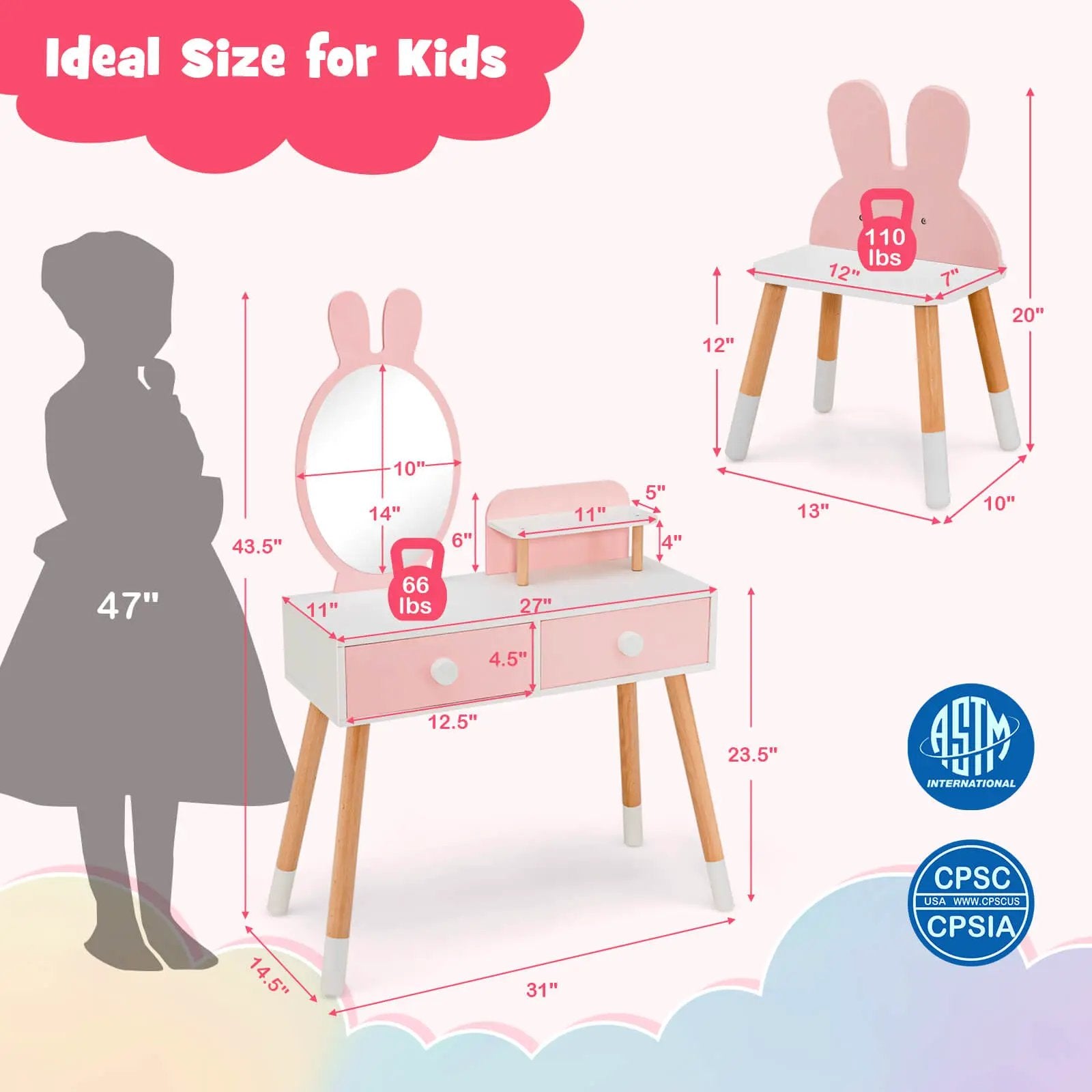 Kids Vanity Table and Chair Set with Drawer Shelf and Rabbit Mirror by DirectDeals