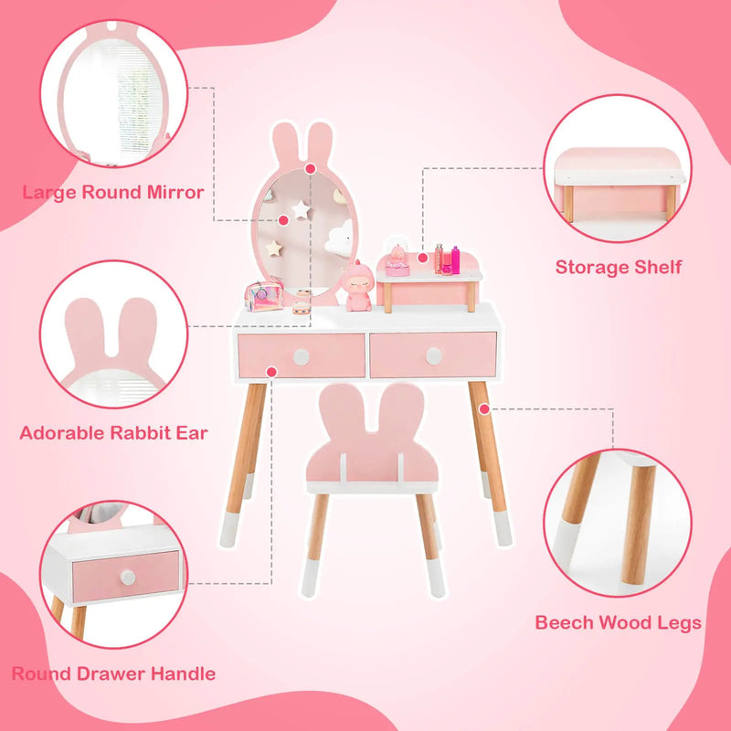 Kids Vanity Table and Chair Set with Drawer Shelf and Rabbit Mirror by DirectDeals