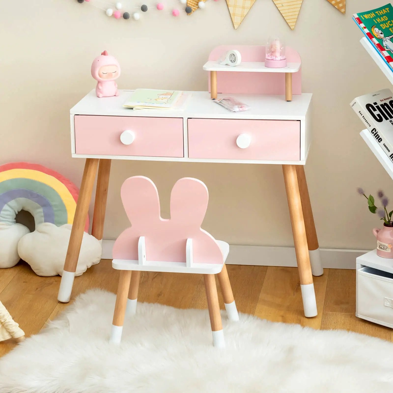 Kids Vanity Table and Chair Set with Drawer Shelf and Rabbit Mirror by DirectDeals