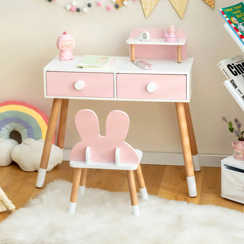 Kids Vanity Table and Chair Set with Drawer Shelf and Rabbit Mirror by DirectDeals