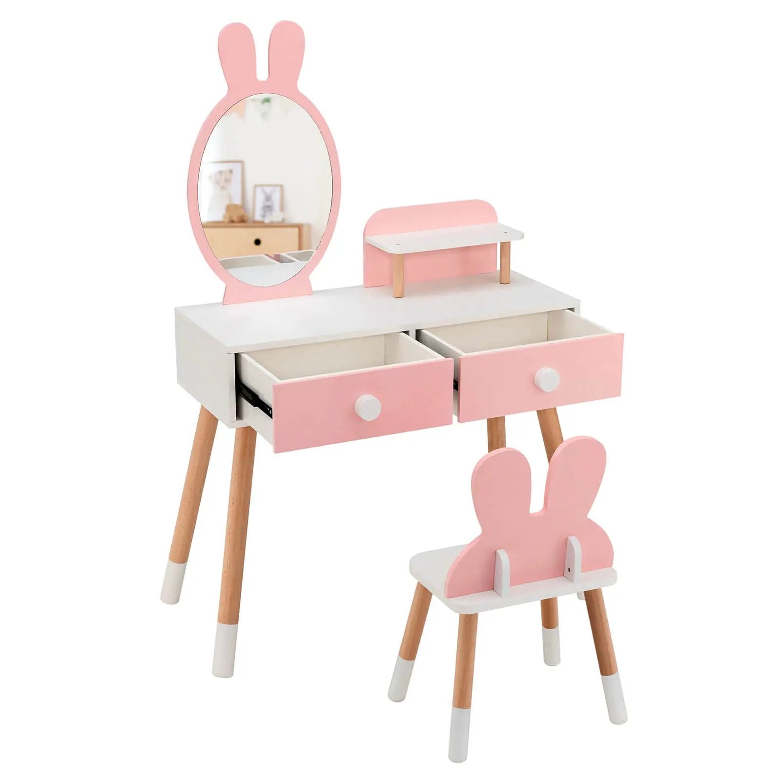 Kids Vanity Table and Chair Set with Drawer Shelf and Rabbit Mirror by DirectDeals