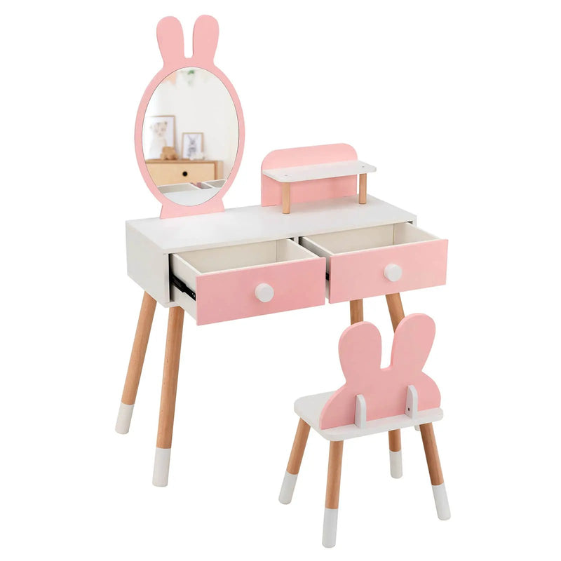 Kids Vanity Table and Chair Set with Drawer Shelf and Rabbit Mirror by DirectDeals