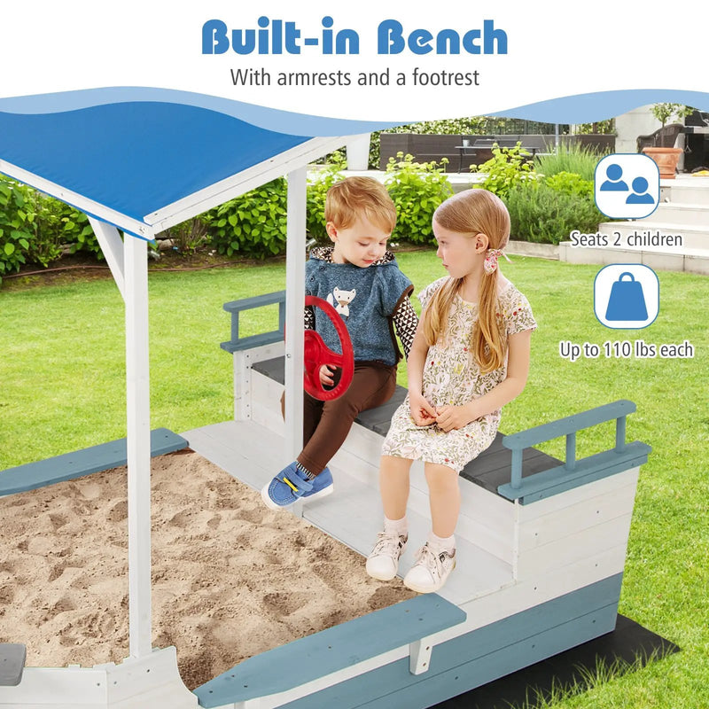 Pirate Ship Sandbox with Canopy with Bench Seats and Bottom Liner-White by DirectDeals