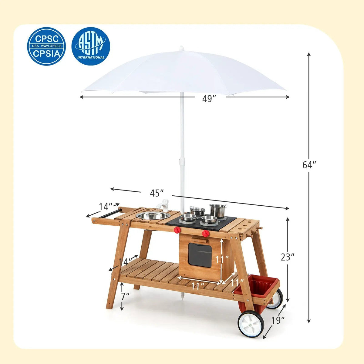 Wooden Play Cart with Sun Proof Umbrella for Toddlers Over 3 Years Old, photo 5 of 9