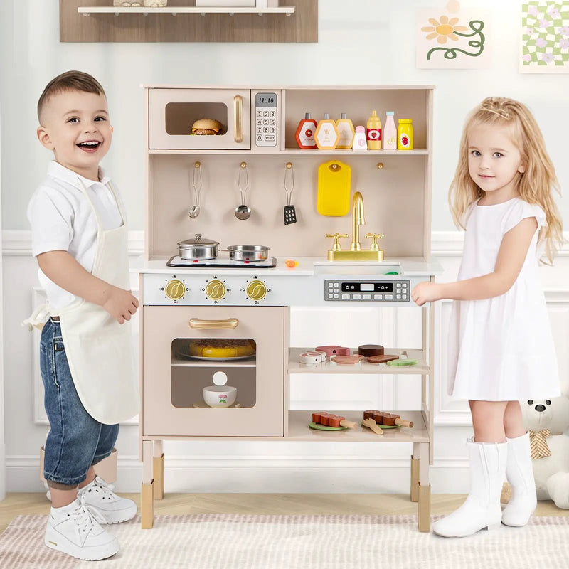 Play Kitchen Height Adjustable with Microwave and Lights and Sounds-Pink by DirectDeals