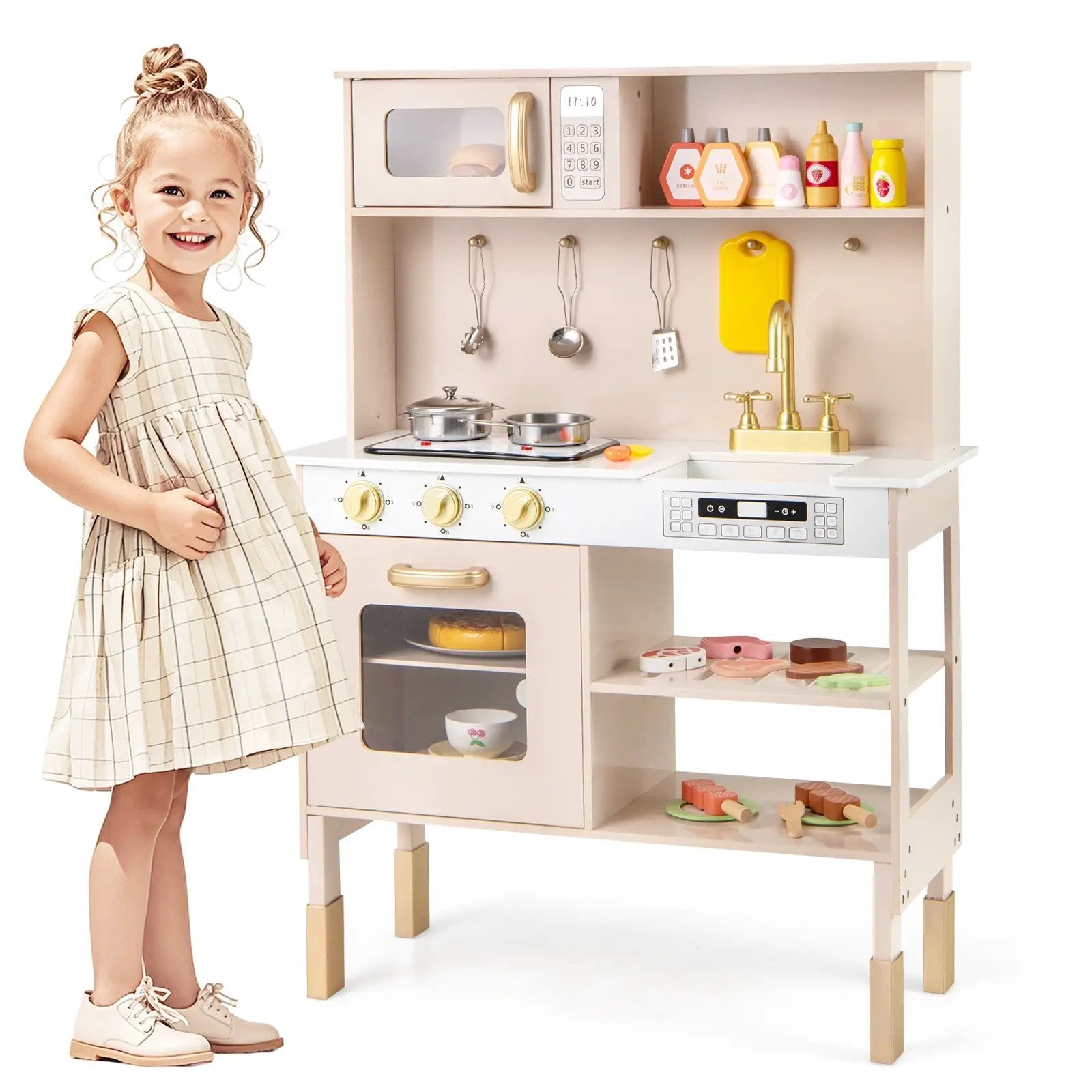 Play Kitchen Height Adjustable with Microwave and Lights and Sounds-Pink by DirectDeals