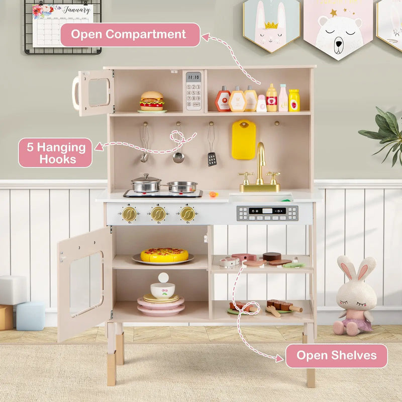 Play Kitchen Height Adjustable with Microwave and Lights and Sounds-Pink by DirectDeals