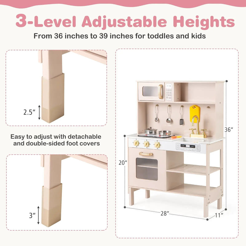 Play Kitchen Height Adjustable with Microwave and Lights and Sounds-Pink by DirectDeals