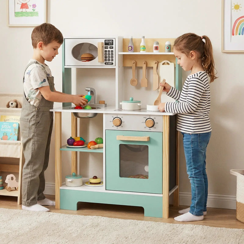 Play Kitchen Wooden Toy Kitchen Playset with Chalkboard Birthday Gift for Kids Aged 3 + by DirectDeals