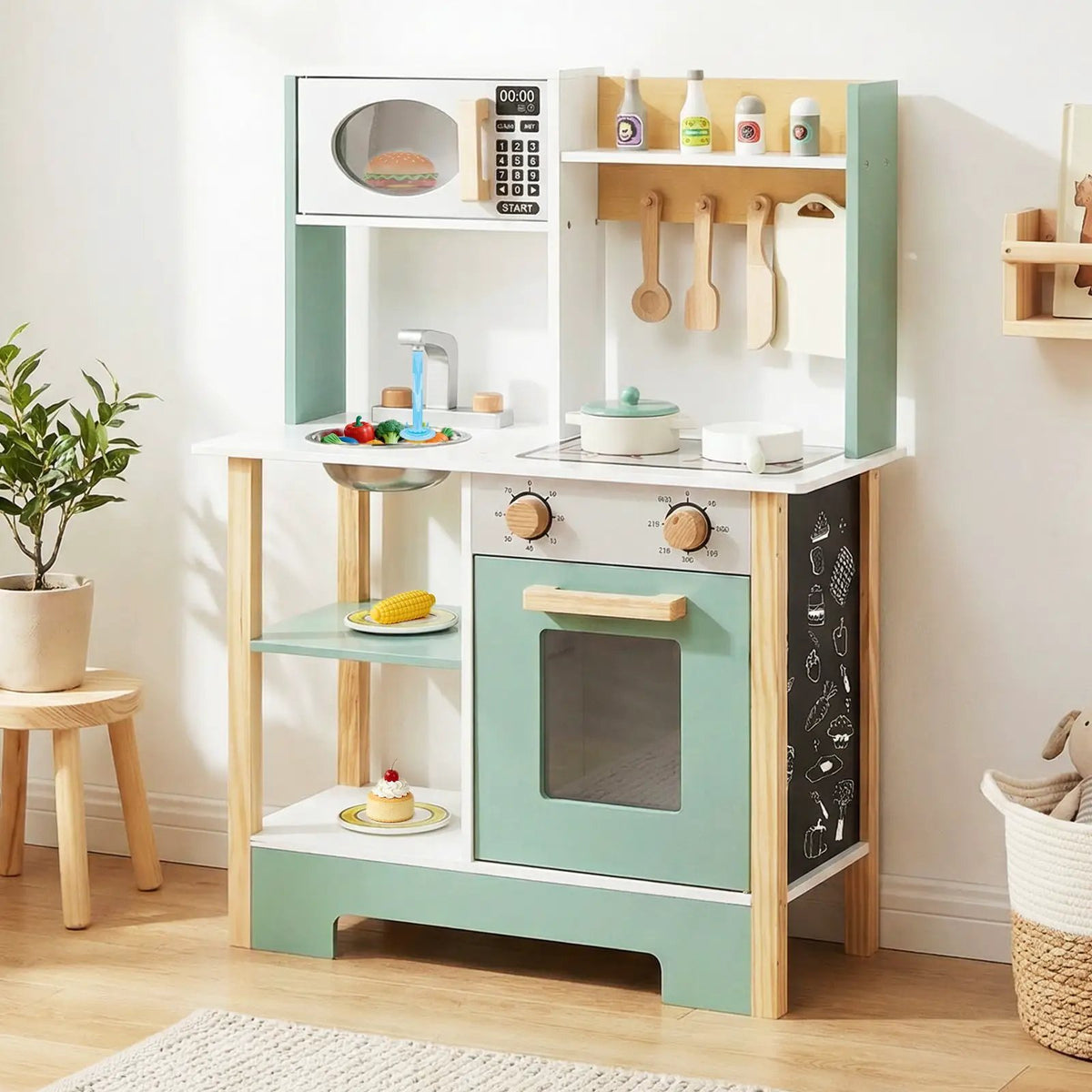 Play Kitchen Wooden Toy Kitchen Playset with Chalkboard Birthday Gift for Kids Aged 3 +, photo 12 of 16