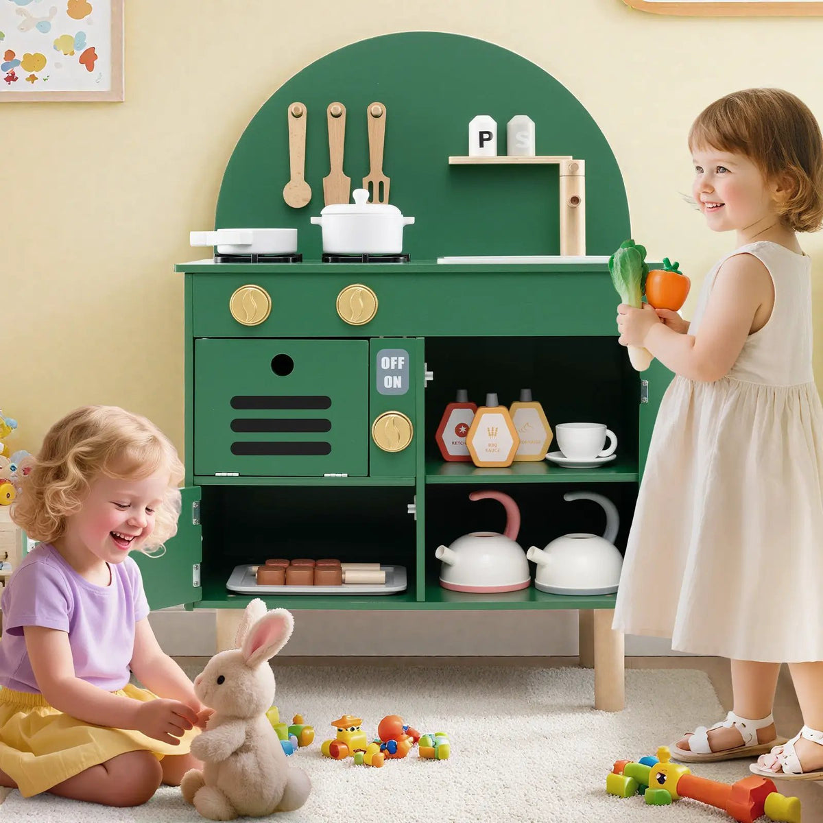Play Kitchen for Kids Wooden Kitchen Playset with Stoves Faucet Sink Microwave and Oven, photo 4 of 24