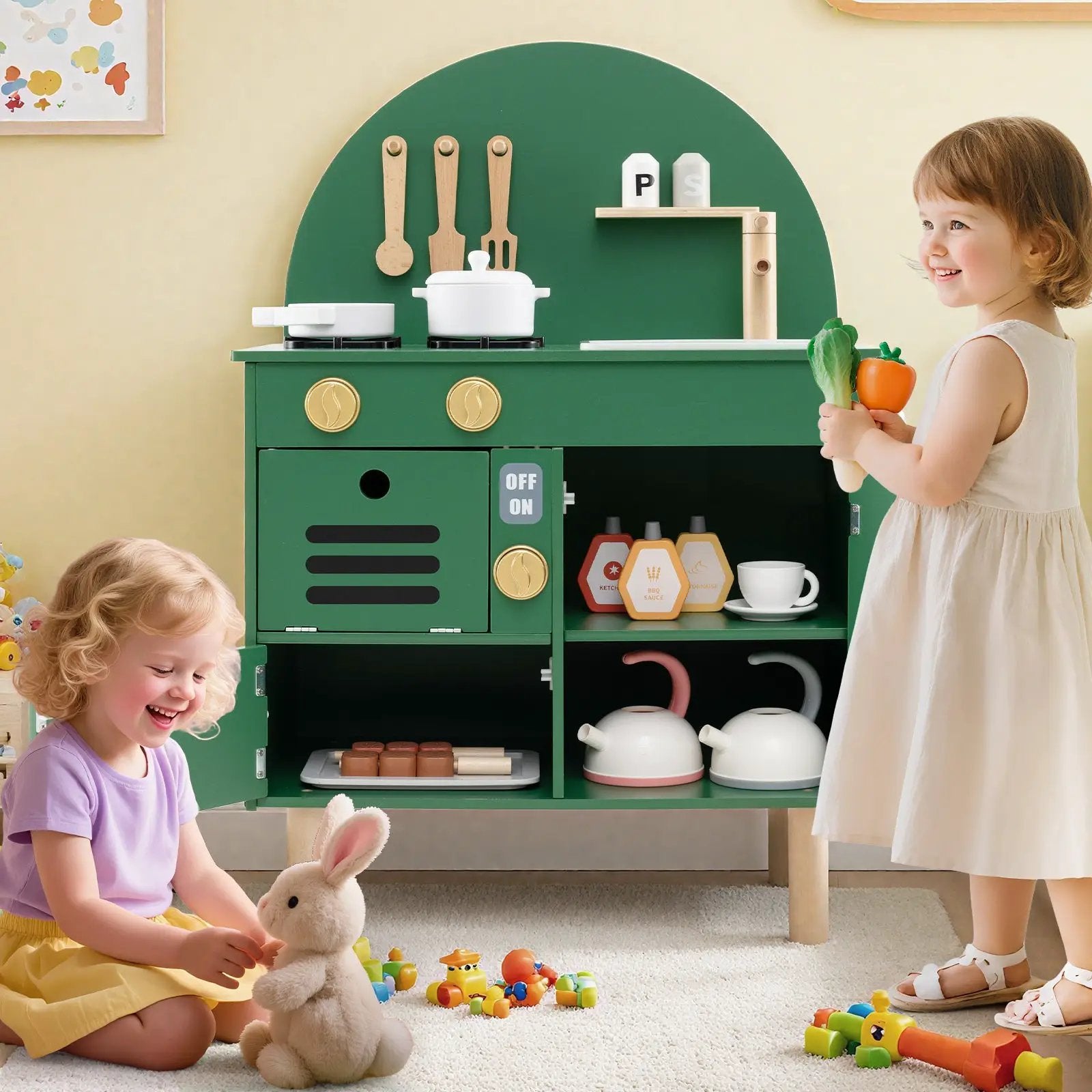 Play Kitchen for Kids Wooden Kitchen Playset with Stoves Faucet Sink Microwave and Oven by DirectDeals