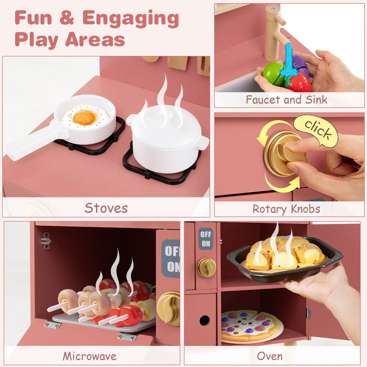 Play Kitchen for Kids Wooden Kitchen Playset with Stoves Faucet Sink Microwave and Oven, photo 16 of 24