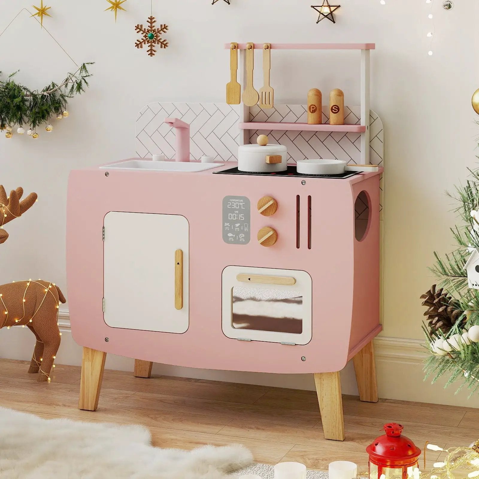 Play Kitchen for Kids Wooden Kitchen Playset with Stoves Sink Faucet and Oven by DirectDeals