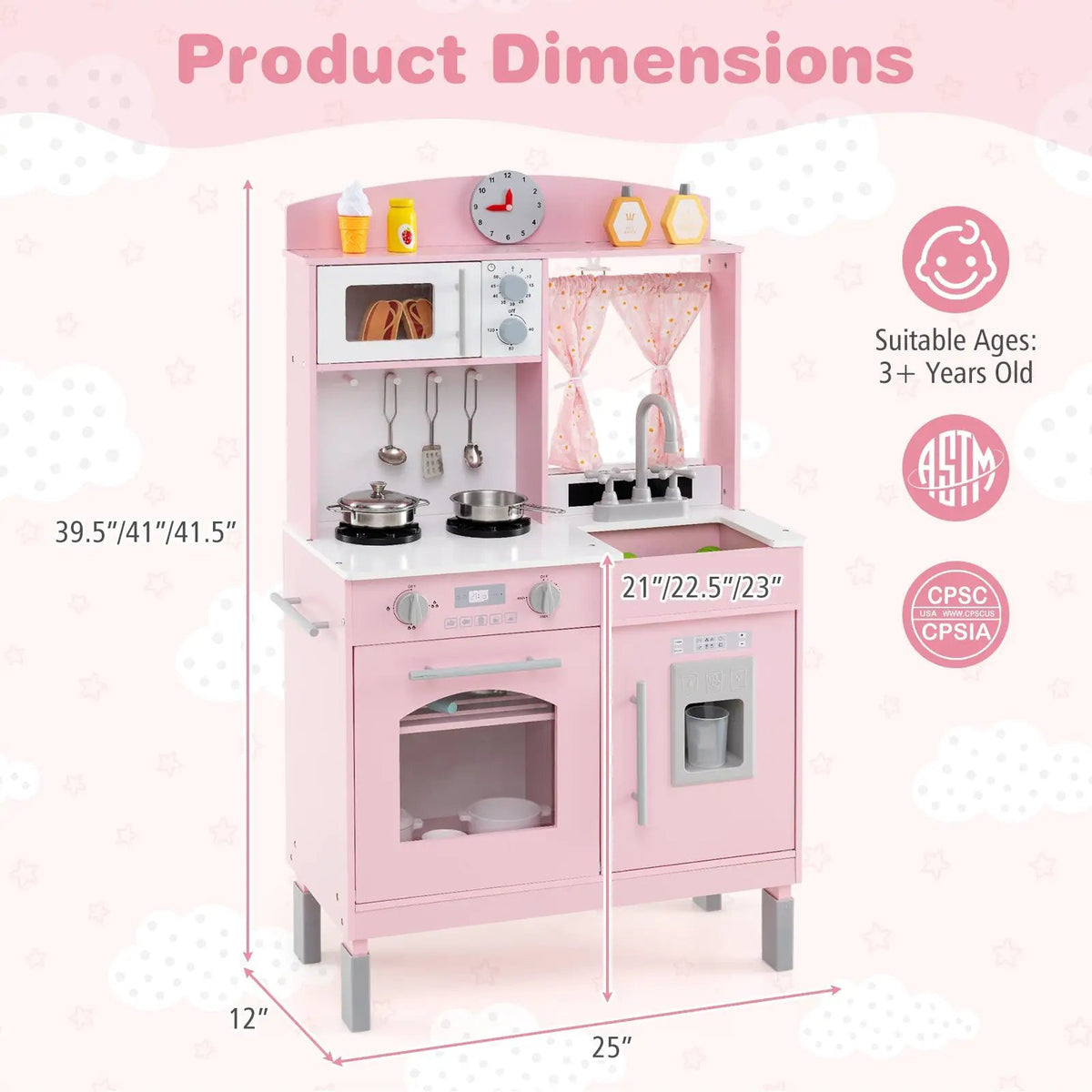Play Kitchen for Kids Wooden Chef Pretend Playset with 3 Adjustable Heights Microwave, photo 6 of 16