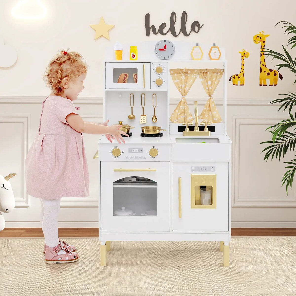 Play Kitchen for Kids Wooden Chef Pretend Playset with 3 Adjustable Heights Microwave, photo 3 of 16