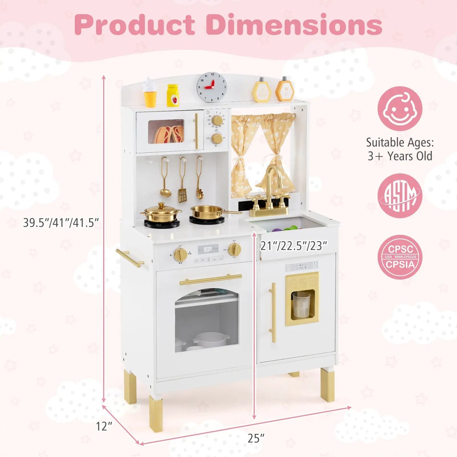 Play Kitchen for Kids Wooden Chef Pretend Playset with 3 Adjustable Heights Microwave by DirectDeals