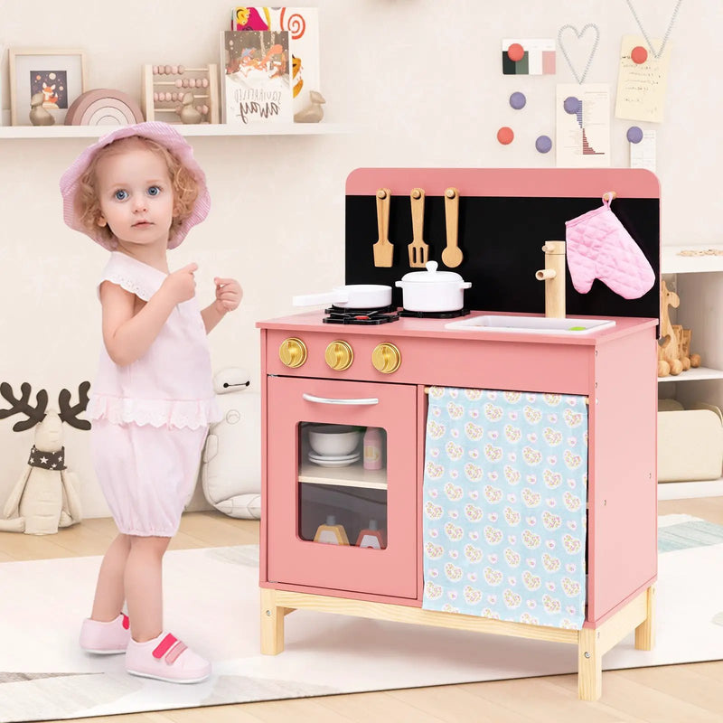 Play Kitchen for Kids Wooden Kitchen Playset with Door Curtain-Pink by DirectDeals