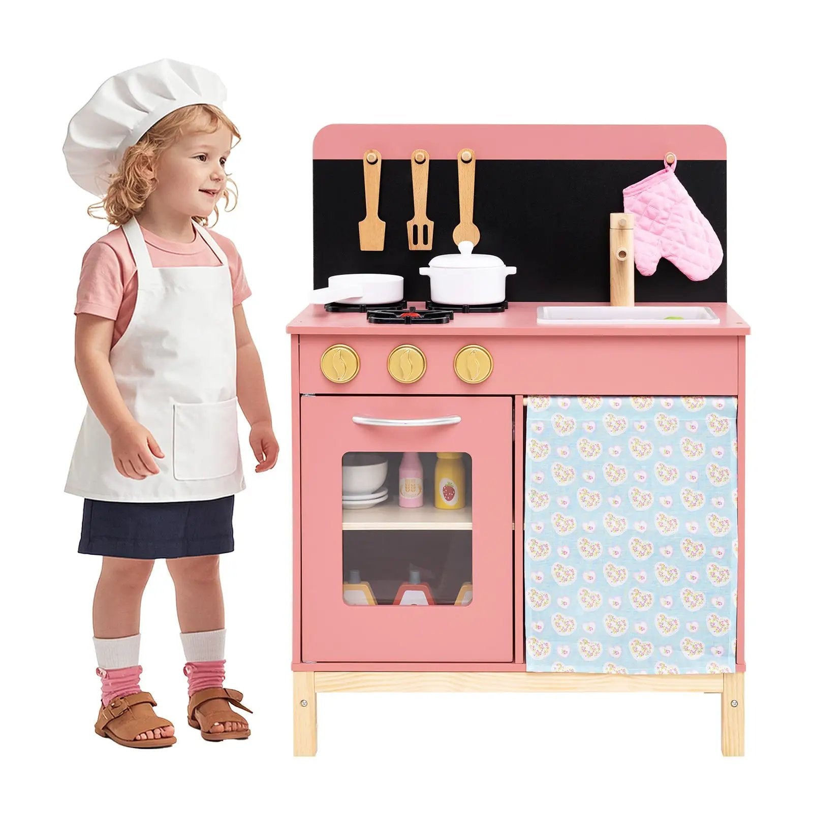 Play Kitchen for Kids Wooden Kitchen Playset with Door Curtain-Pink by DirectDeals