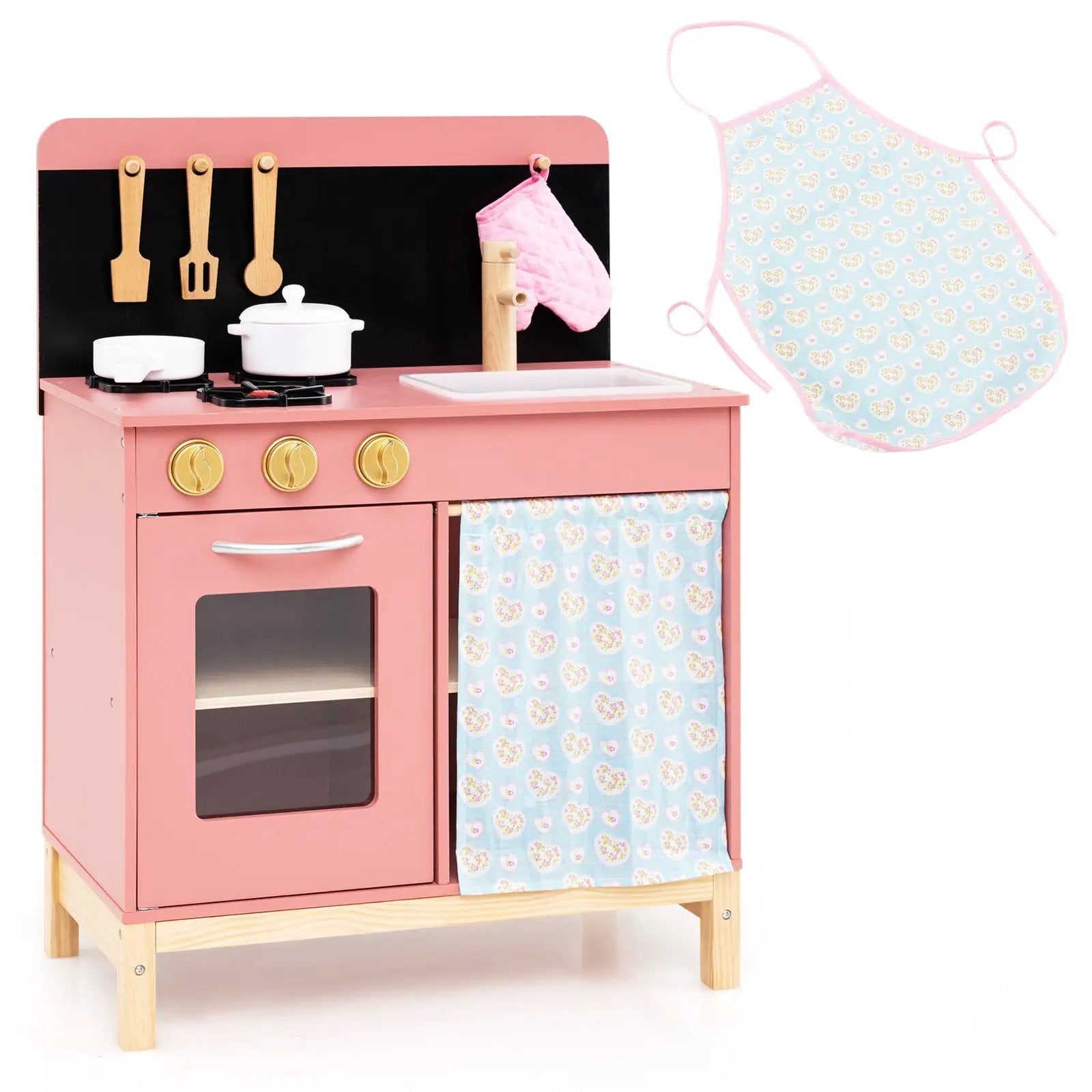Play Kitchen for Kids Wooden Kitchen Playset with Door Curtain-Pink by DirectDeals