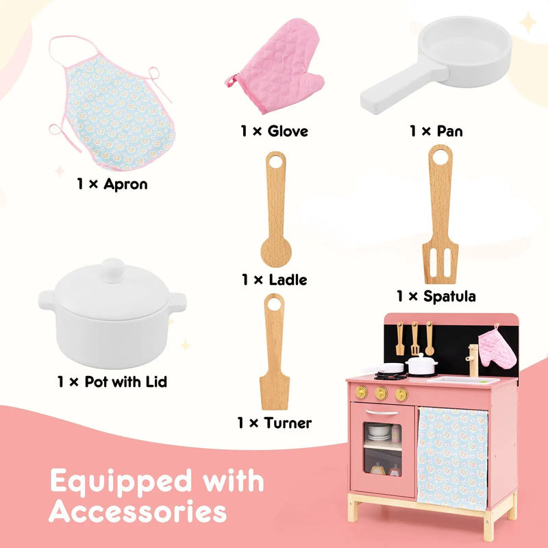 Play Kitchen for Kids Wooden Kitchen Playset with Door Curtain-Pink by DirectDeals