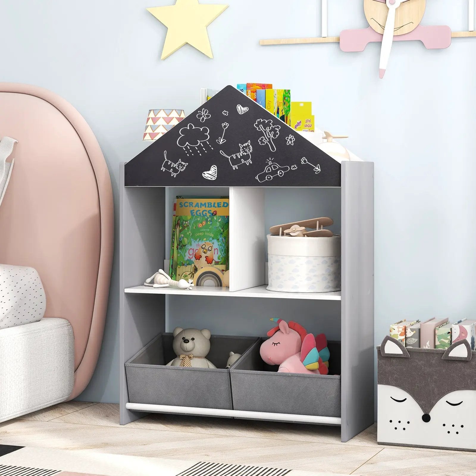 Playhouse Kids Bookshelf with Chalkboard and Whiteboard for 3-6 Years by DirectDeals