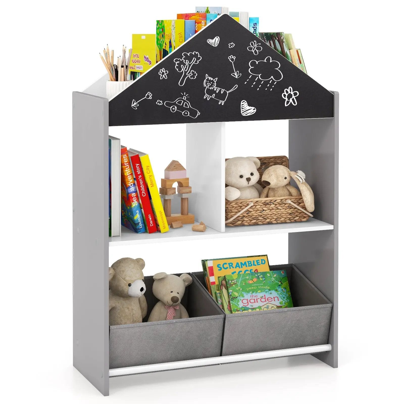 Playhouse Kids Bookshelf with Chalkboard and Whiteboard for 3-6 Years by DirectDeals