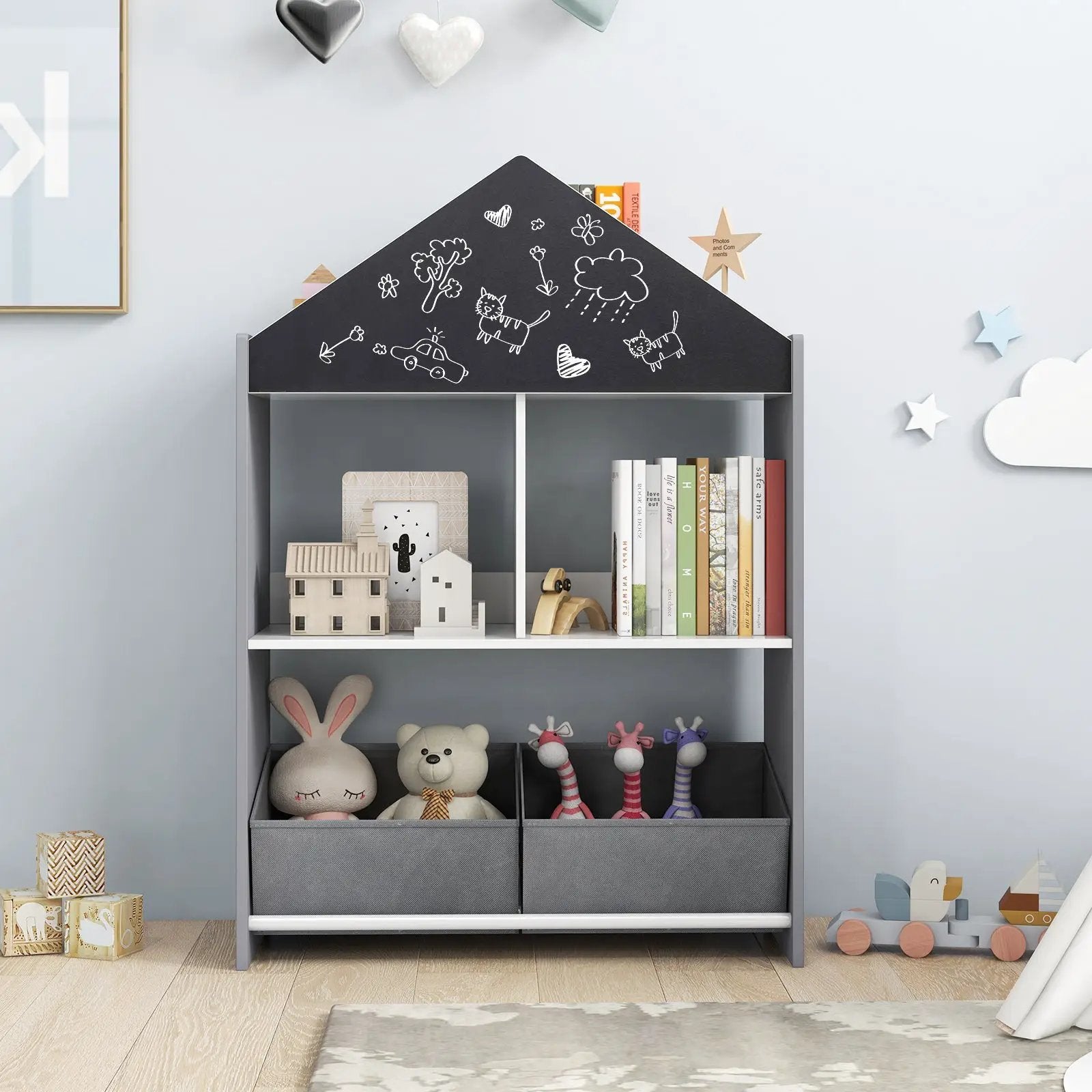 Playhouse Kids Bookshelf with Chalkboard and Whiteboard for 3-6 Years by DirectDeals