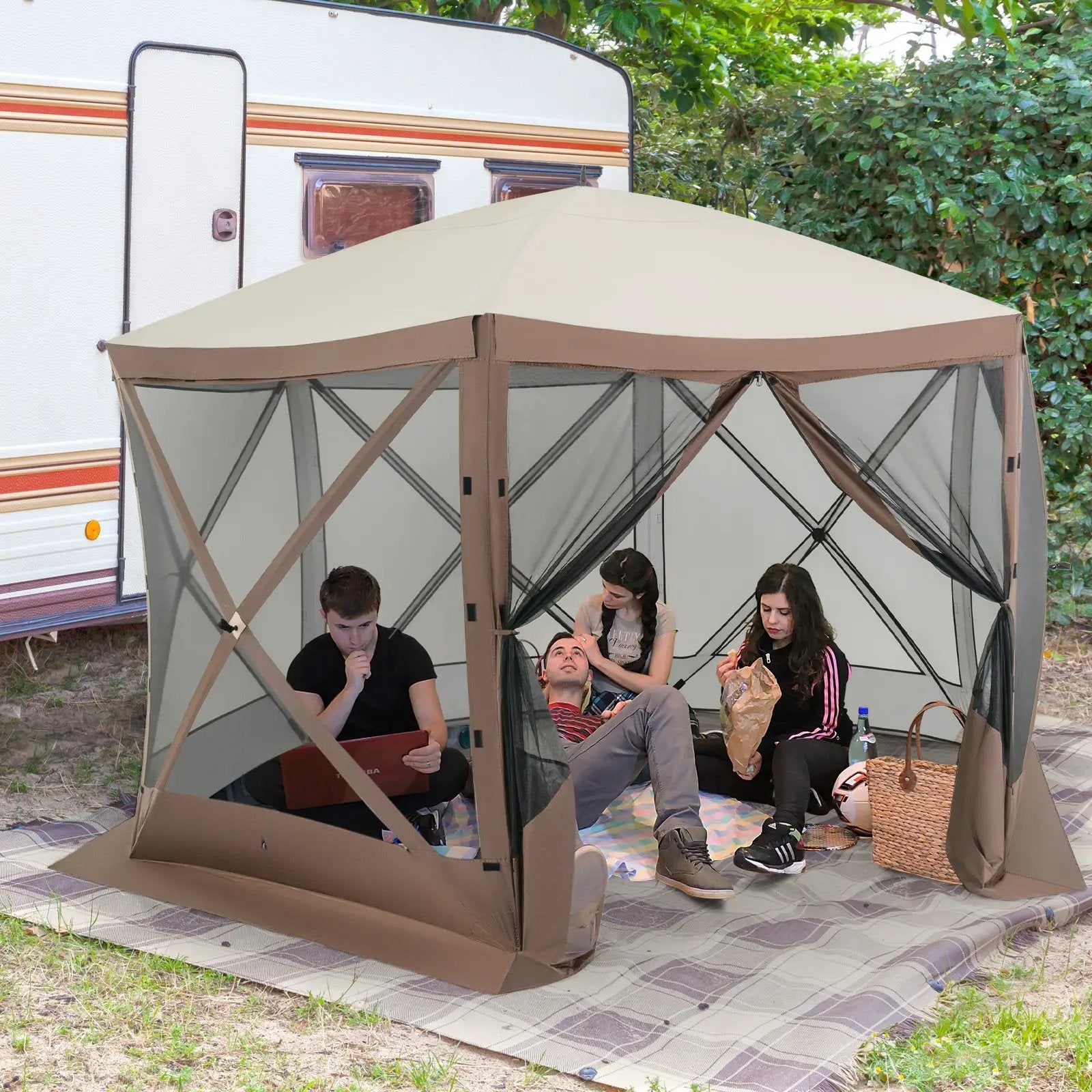 Pop-up Gazebo 6-sided Instant Setup Screen House Hub Tent with Mesh Netting Walls-Coffee by DirectDeals