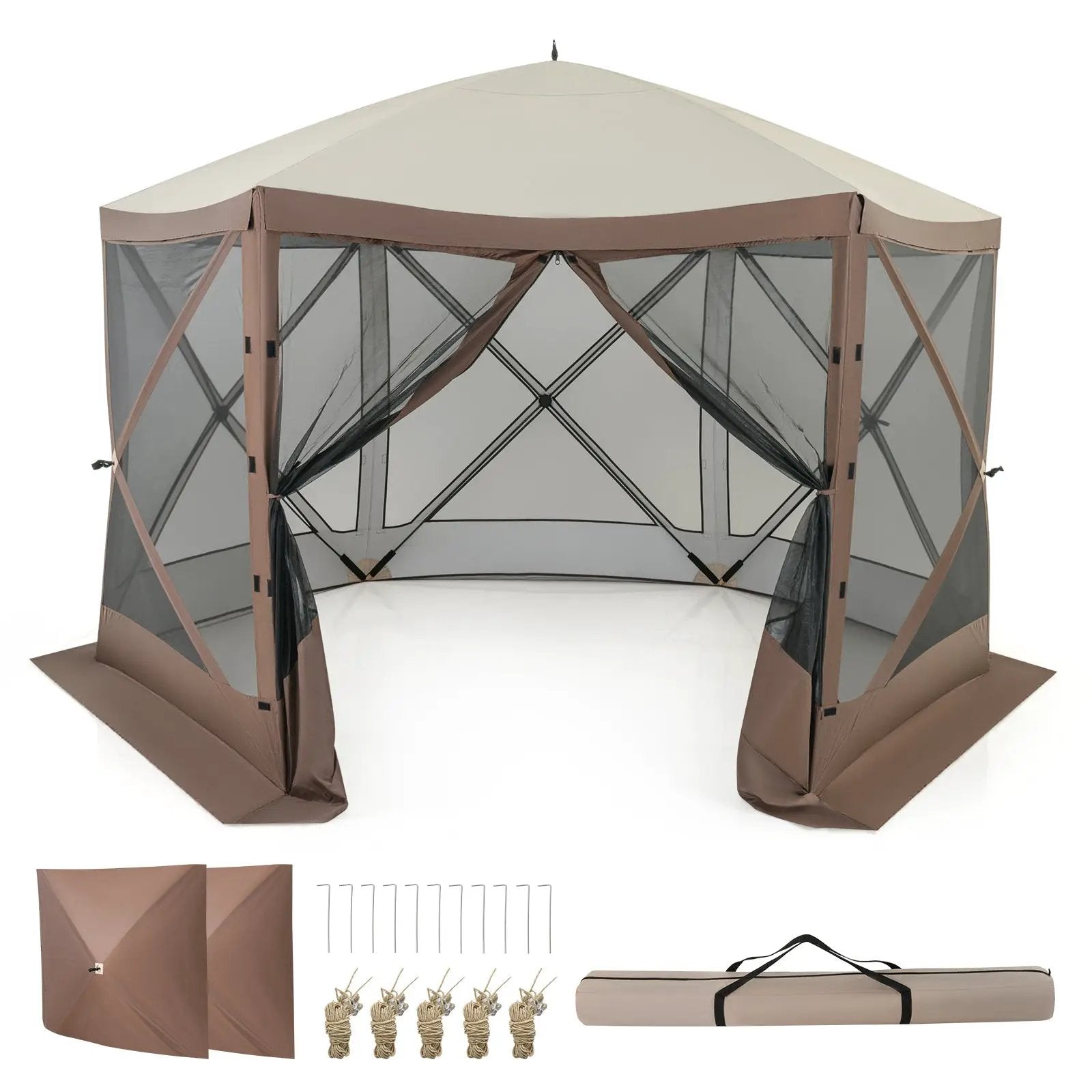 Pop-up Gazebo 6-sided Instant Setup Screen House Hub Tent with Mesh Netting Walls-Coffee by DirectDeals