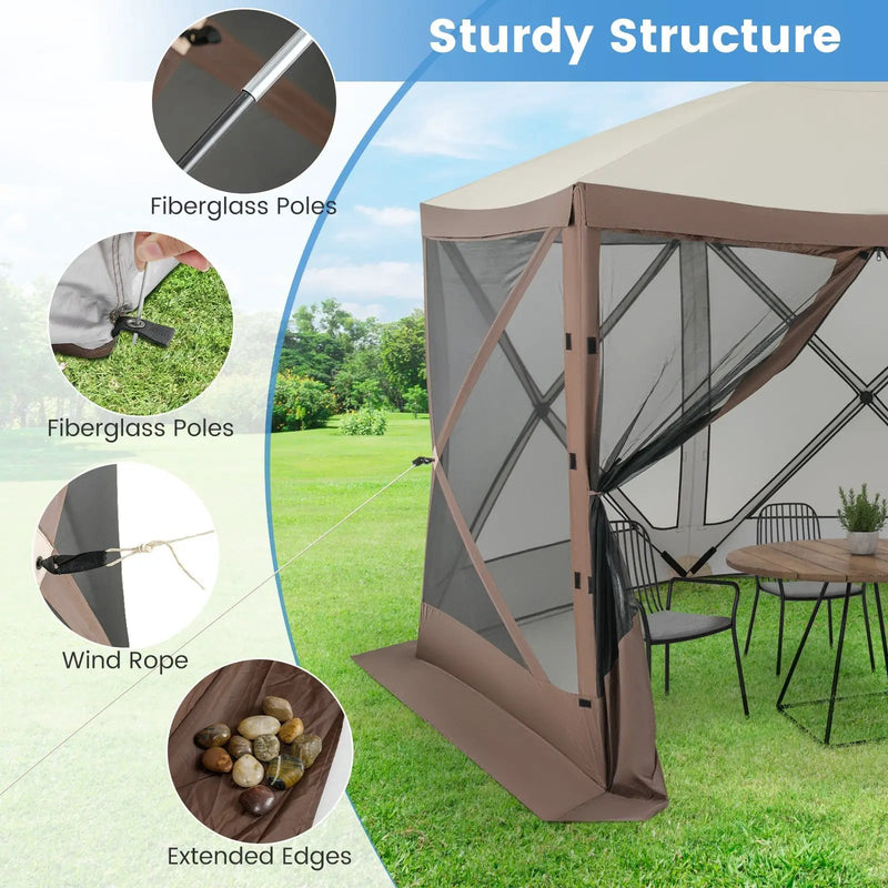 Pop-up Gazebo 6-sided Instant Setup Screen House Hub Tent with Mesh Netting Walls-Coffee by DirectDeals