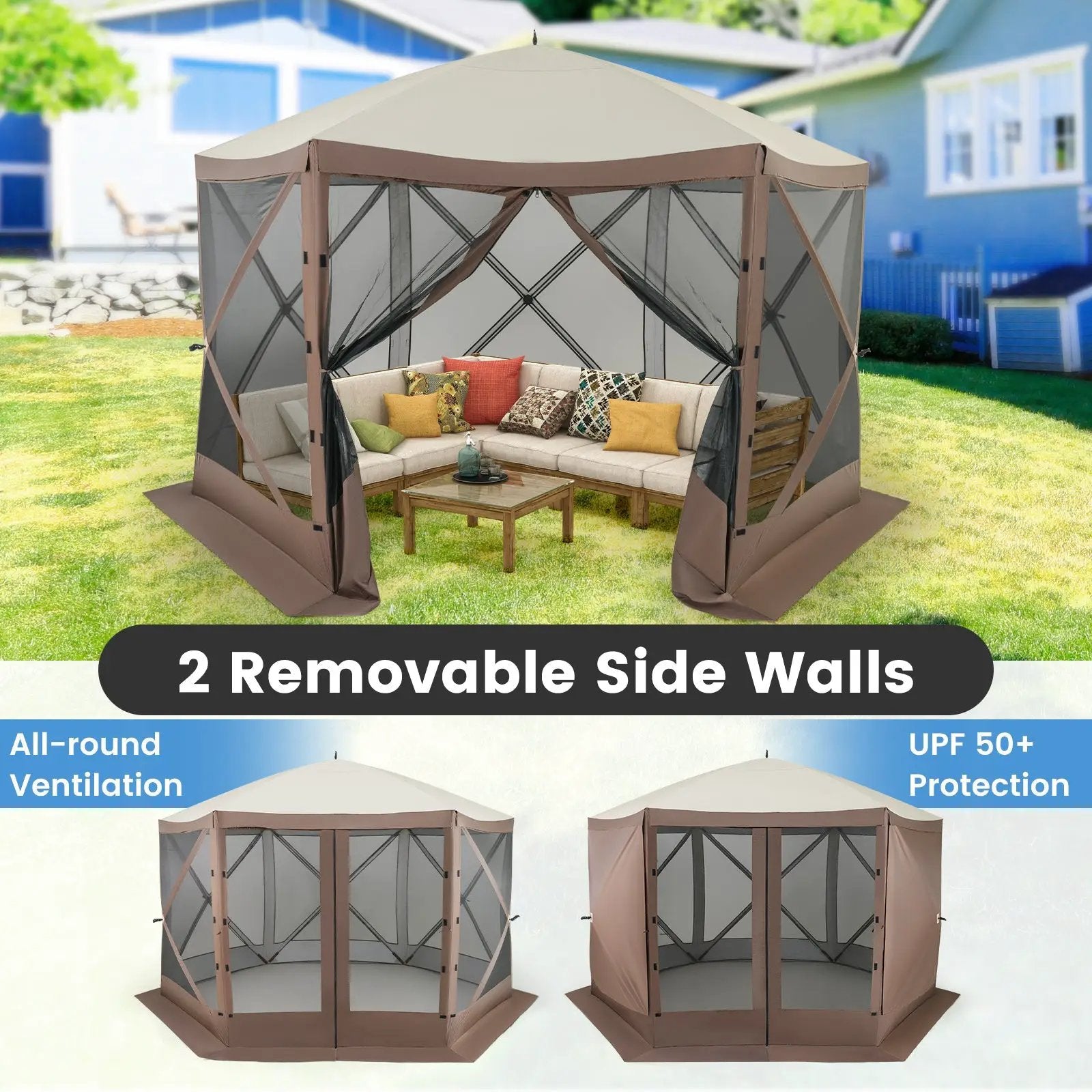 Pop-up Gazebo 6-sided Instant Setup Screen House Hub Tent with Mesh Netting Walls-Coffee by DirectDeals
