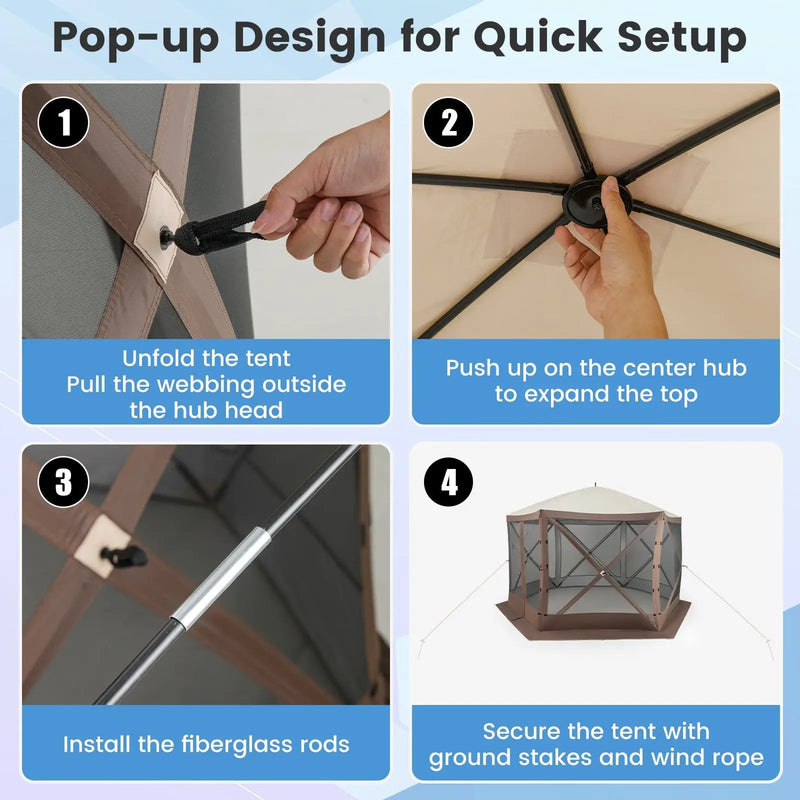 Pop-up Gazebo 6-sided Instant Setup Screen House Hub Tent with Mesh Netting Walls-Coffee by DirectDeals