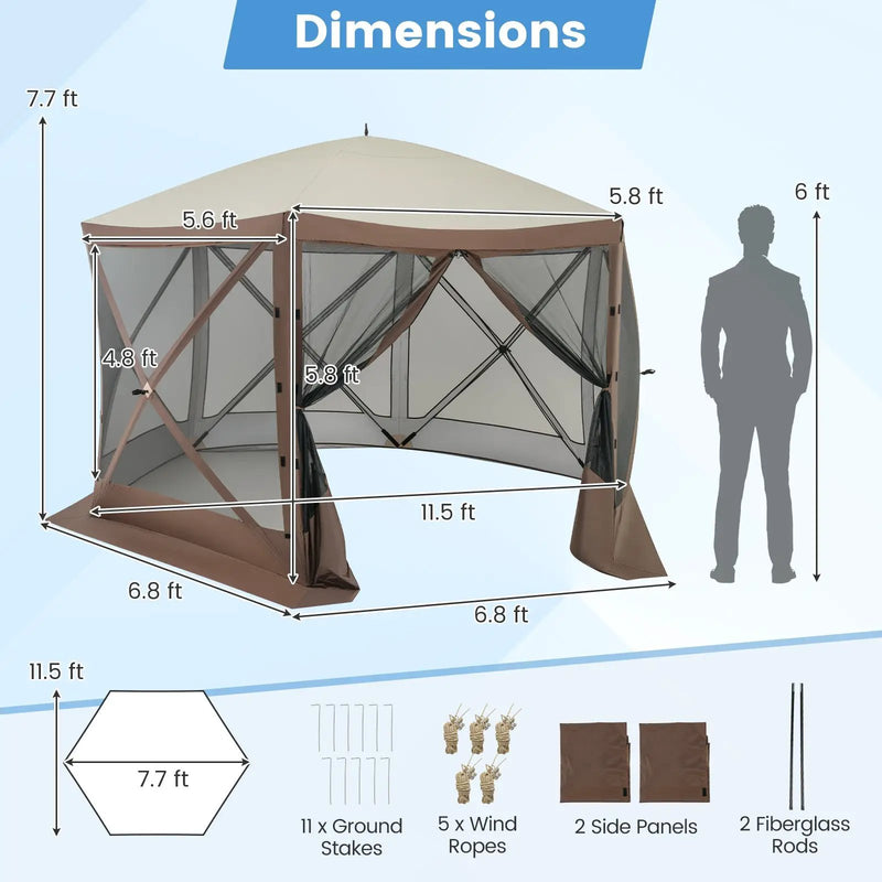 Pop-up Gazebo 6-sided Instant Setup Screen House Hub Tent with Mesh Netting Walls-Coffee by DirectDeals