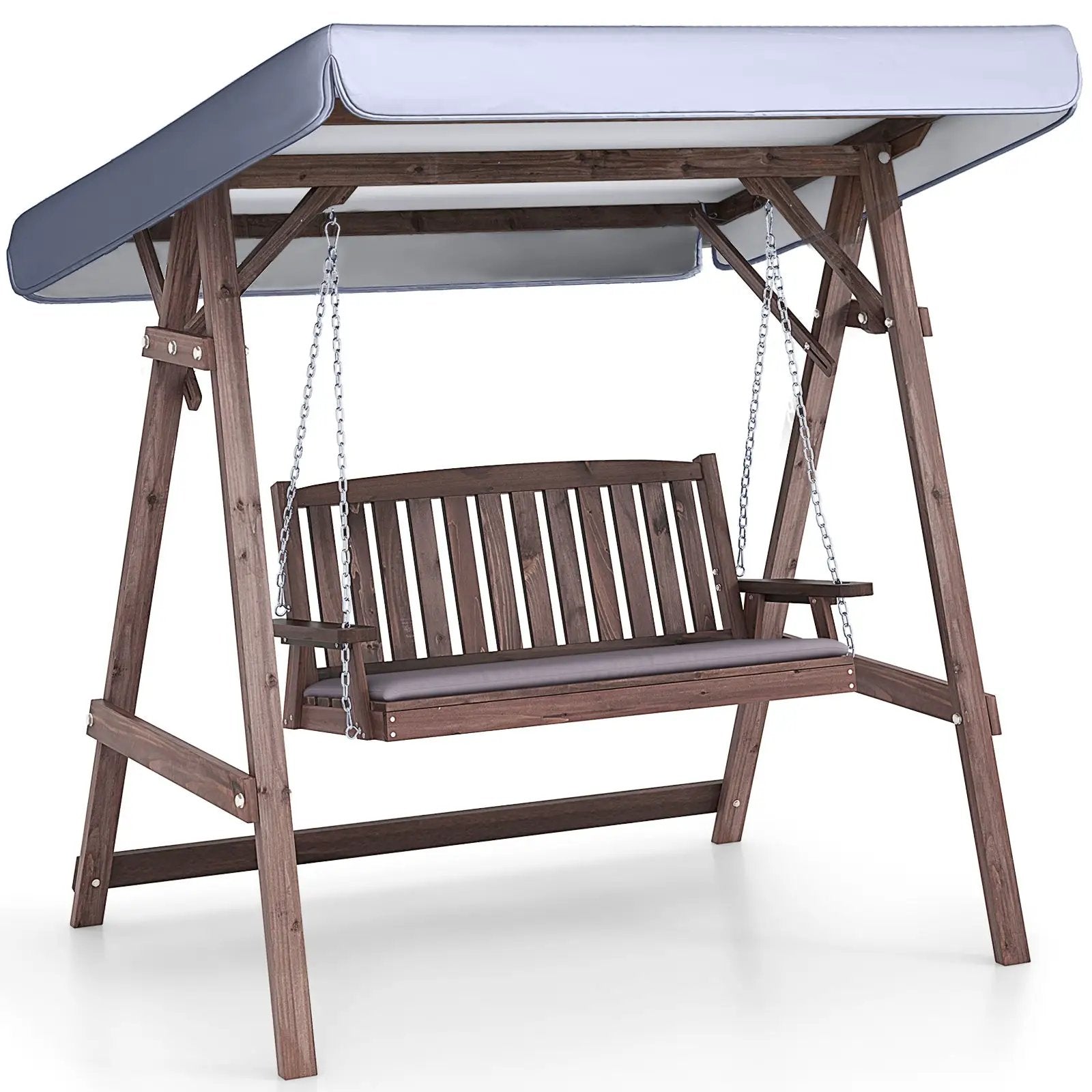 2-Person Porch Swing with Fir Wood Stand and Tilt Canopy-Brown by DirectDeals