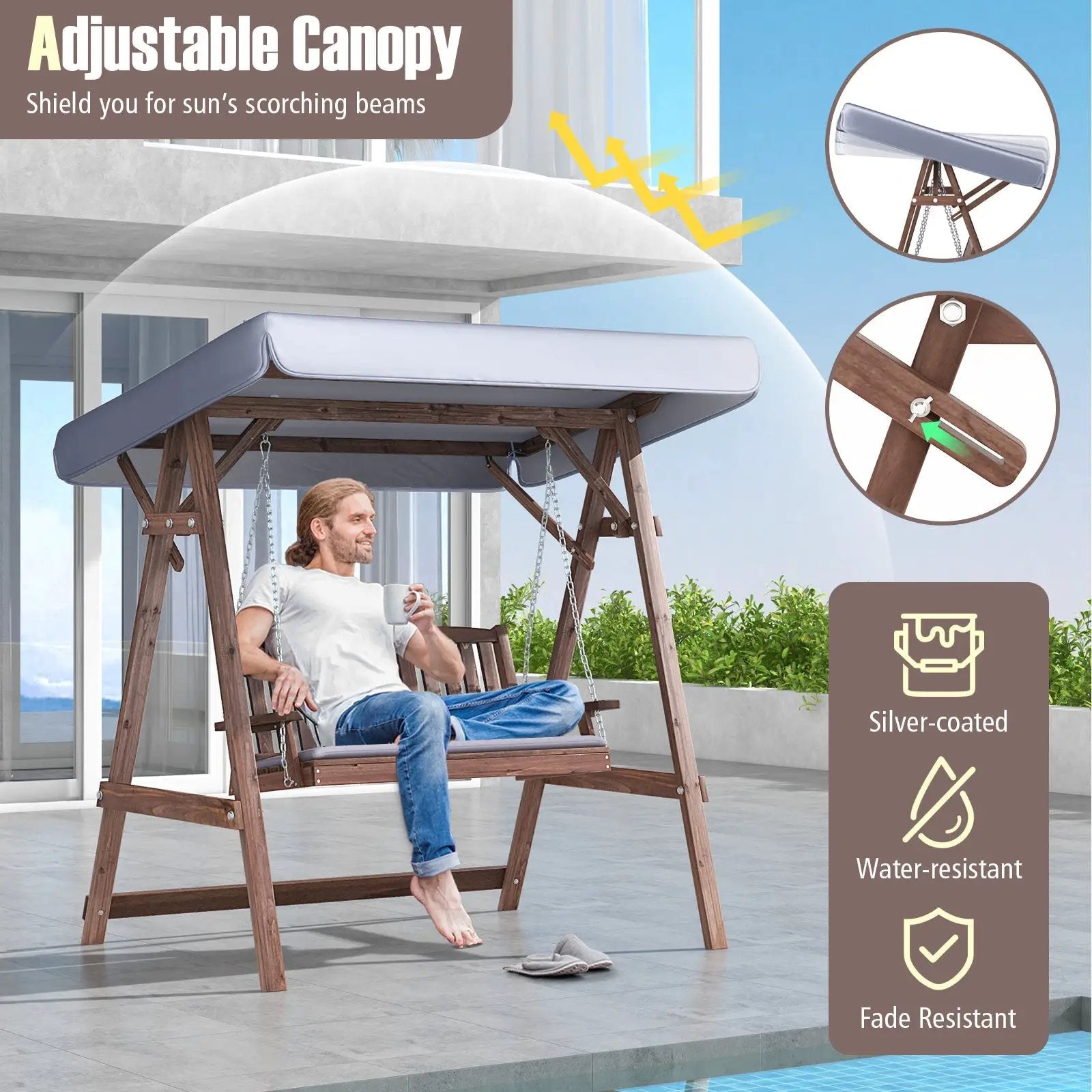 2-Person Porch Swing with Fir Wood Stand and Tilt Canopy-Brown by DirectDeals