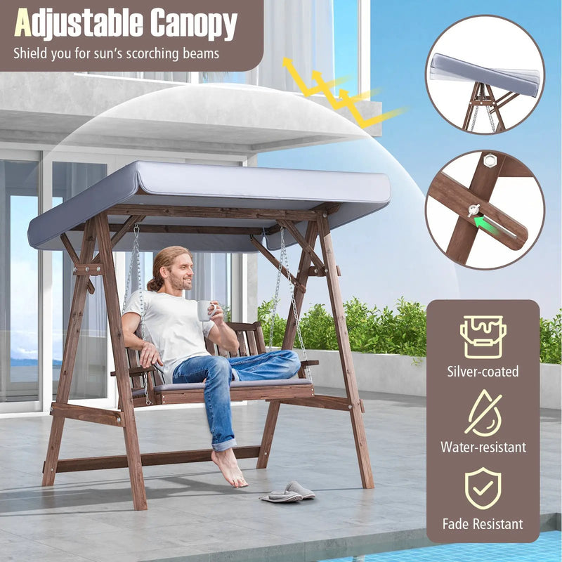2-Person Porch Swing with Fir Wood Stand and Tilt Canopy-Brown by DirectDeals