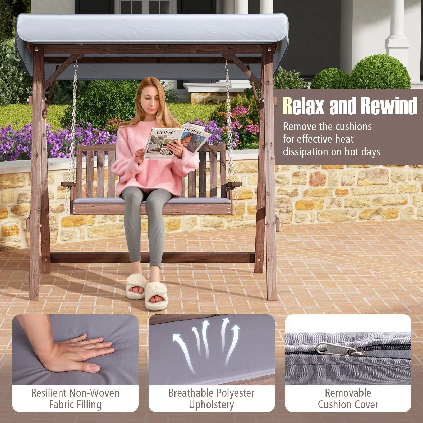 2-Person Porch Swing with Fir Wood Stand and Tilt Canopy-Brown by DirectDeals